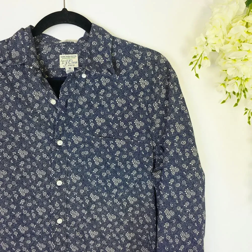 J.Crew Secret Wash Shirt Slim Medium Blue Floral Organic Cotton Preppy Long Slee
